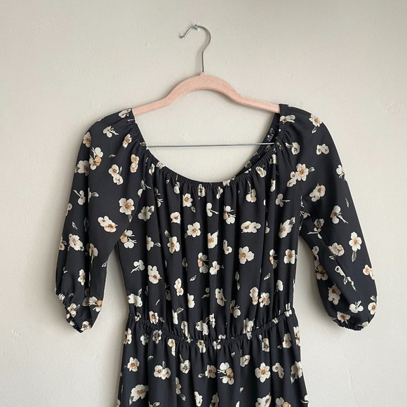 Soprano / Black & Cream Floral Off The Shoulder Midi Dress - Picture 2 of 8